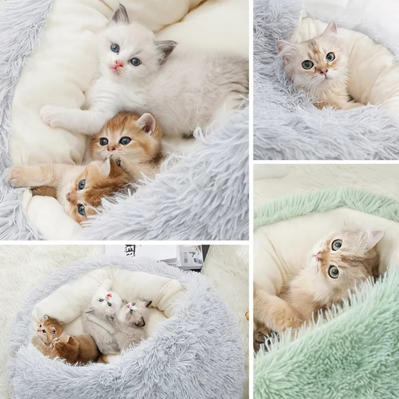 Winter Plush Round Cat Bed and Sleep Bag - 2-in-1 Warm Nest for Cats and Small Dogs