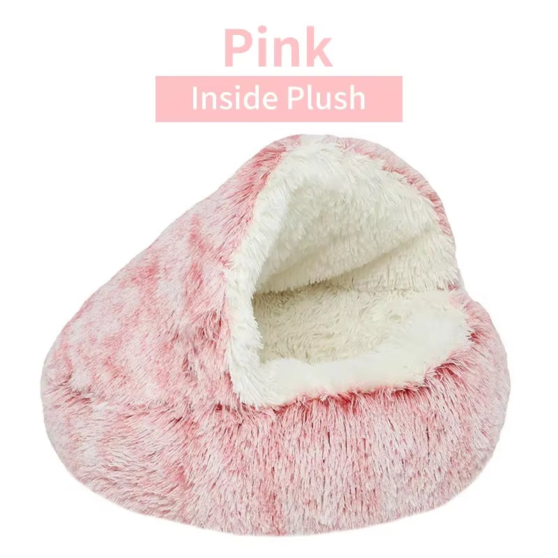 Winter Plush Round Cat Bed and Sleep Bag - 2-in-1 Warm Nest for Cats and Small Dogs