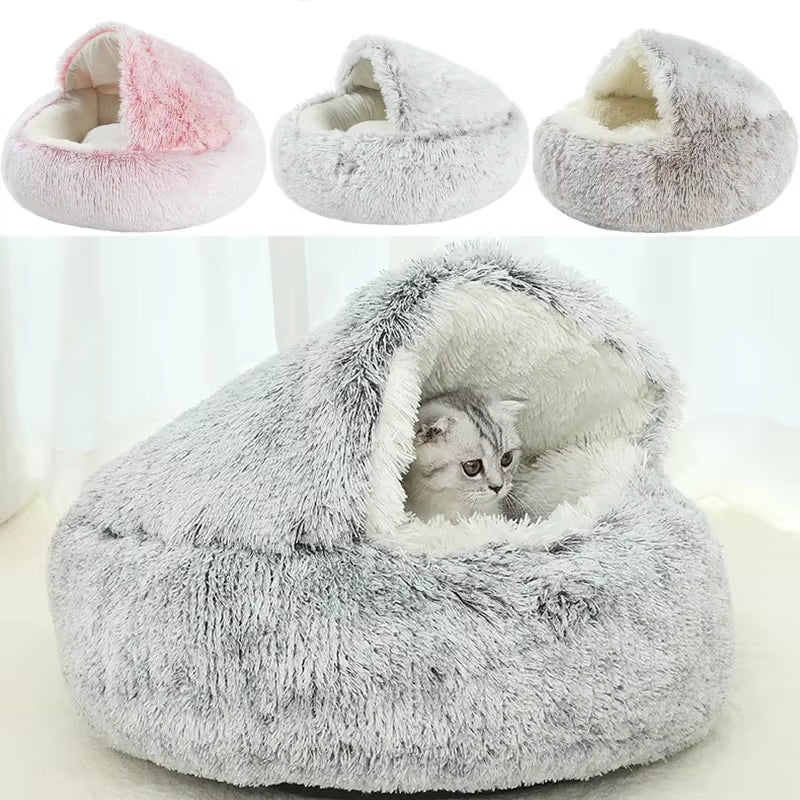 Winter Plush Round Cat Bed and Sleep Bag - 2-in-1 Warm Nest for Cats and Small Dogs