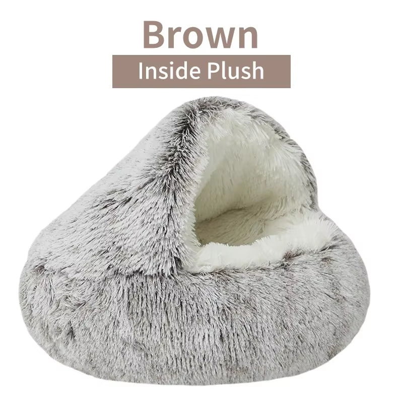 Winter Plush Round Cat Bed and Sleep Bag - 2-in-1 Warm Nest for Cats and Small Dogs